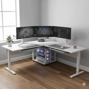 Large L-shaped gaming desk with a white finish, perfect for multi-monitor setups in a corner office.