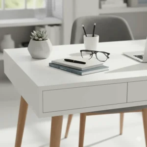 Close-up of the smooth matte finish on a white minimalist writing desk surface with stationery and spectacles.