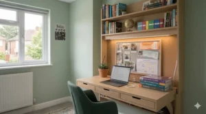 Custom-fit desk installed into a chimney breast alcove with overhead storage for a British teen bedroom.