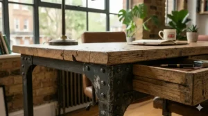 Side profile of a vintage industrial desk highlighting the contrast between the thick reclaimed timber top and the riveted cast-iron corner brackets.