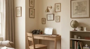 A grey slimline desk under 40cm deep being used as both a workspace and a dressing table in a bedroom.