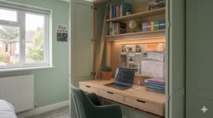 A cloffice setup where a small desk is hidden inside a built-in wardrobe to keep the bedroom clutter-free.