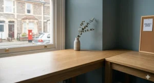 Close-up of a compact oak corner desk showing how it fits perfectly into the corner of a room with blue-grey walls.