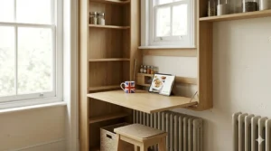 A compact timber fold-down desk installed in a narrow kitchen alcove, used as a temporary workstation.