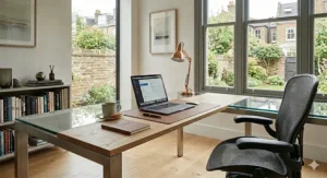 Compact glass top executive desk designed for a stylish study or smaller London apartment office.