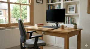 A compact solid oak computer desk tucked into a tidy alcove, ideal for small UK flats and terraced houses.