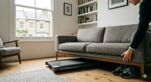 A slimline walking pad being easily slid under a contemporary grey fabric sofa in a space-saving UK living room.