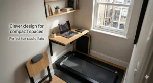 A photorealistic view demonstrating a compact under-desk walking pad efficiently integrated into a minimal, space-saving wall-mounted desk setup within a small London studio flat.