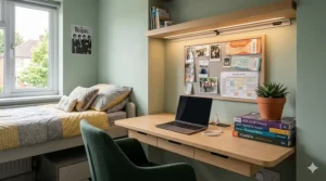 Compact L-shaped corner desk tucked into a small bedroom to maximise floor space for a teenager.