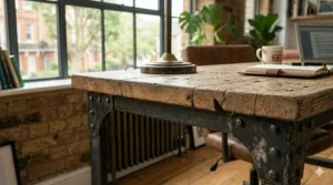 High-detail shot of the corner of an industrial desk, showing the tactile grain of the oak surface and hand-hammered rivets on the metal frame.