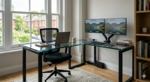 L-shaped tempered glass corner desk designed to maximise space in a home office.