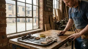 A furniture maker in a denim apron hand-finishing a bespoke industrial desk in a sunlit British workshop with traditional woodworking tools.