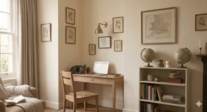 A technical diagram showing the 40cm depth measurement of a compact wooden desk.