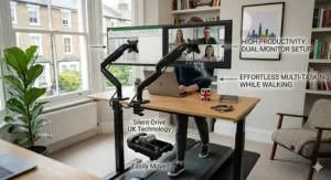 A photorealistic guide showing the walking treadmill desk combo configured with a sturdy dual monitor arm mount for high-productivity multi-tasking while walking.