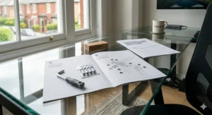 Exploded view illustration showing the simple assembly process of a glass top office desk.