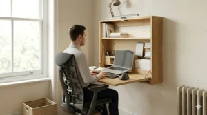 An ergonomic home office setup featuring a wall-mounted fold-down desk at the correct sitting height.