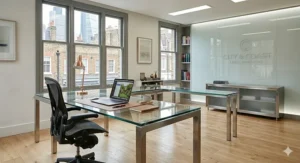 Luxury glass top executive desk styled with an ergonomic high-back leather office chair.