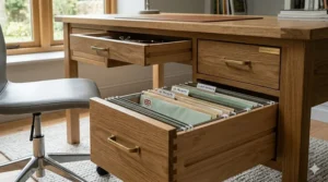 Solid oak desk with integrated pedestal drawers and dovetail joints for office storage.