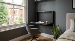 A wall-mounted floating desk in a modern charcoal finish, folded up to show space-saving benefits.