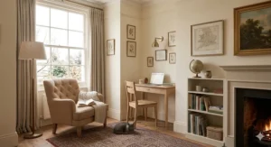 A minimalist wall-mounted floating desk under 40cm deep, ideal for saving floor space in a small flat.
