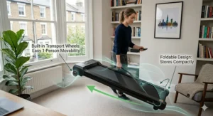 A photorealistic guide demonstrating the portability of the walking treadmill desk combo, showing the unit being rolled on transport wheels and its foldable design for compact storage.