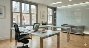 Professional executive desk with a frosted glass top for a glare-free and private work surface.