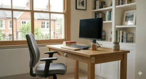 Sustainably sourced, FSC-certified solid oak computer desk for under £400, showing natural timber textures.