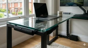 Sleek glass desk with integrated cable management solutions for a tidy UK workspace.