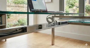 Discreet integrated cable management system on a glass top executive desk for a tidy workspace.