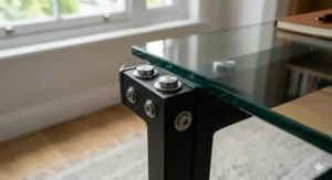 A minimalist glass desk featuring a robust powder-coated steel frame in a contemporary study.