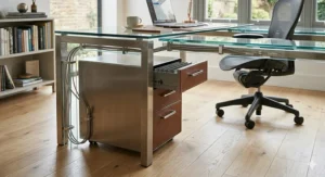 Clear glass executive desk paired with a matching mobile pedestal for organised office storage.