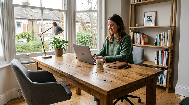 Bespoke reclaimed wood desk with rustic timber finish in a bright UK home office setting. reclaimed wood desk rustic