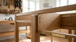 Side profile showing the sturdy leg construction of a handcrafted solid oak desk.