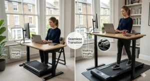 A photorealistic side-by-side guide demonstrating the seamless transition of the walking treadmill desk combo, showing the user sitting with the walking pad stored and walking as the desk raises.
