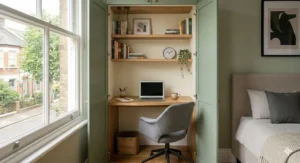 A creative cloffice setup showing a small desk hidden inside a built-in wardrobe or cupboard.