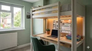 A white wooden high sleeper bed with an integrated study desk and shelving underneath, ideal for a box room.