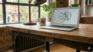 A modern laptop and London-themed mug on a vintage industrial desk made of metal and wood, illustrating a professional UK home office environment.