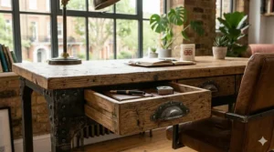 View of an open wooden drawer on an industrial metal and wood desk, revealing internal storage space and a dark steel frame with heavy rivets.