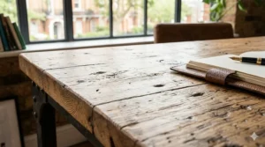 Close-up of the weathered timber surface on a vintage industrial desk showing natural wood grain, knots, and a leather notebook with a fountain pen.