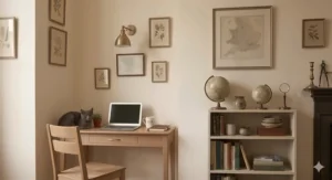 An industrial-style metal and wood desk under 40cm deep with a stool, showing a slim profile against a brick wall.