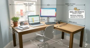 A spatial planning diagram showing the metric dimensions and chair clearance for an L-shaped desk in a small box room.