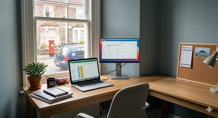 A modern L-shaped oak desk for a small office in a British home, featuring a view of a red post box through a sash window. l shaped desk for small office