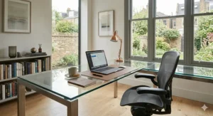 Large L-shaped glass top executive desk providing a spacious corner workstation for a home office.