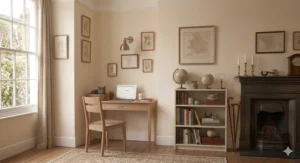 A leaning ladder desk under 40cm deep with integrated shelving for books and office supplies.