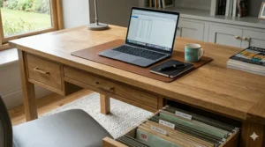 Wide surface of a solid oak executive desk with laptop and stationery, suitable for UK professionals.