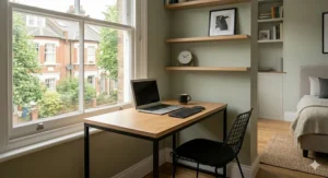 Slim black metal frame desk with a laptop, showing a clutter-free workspace for apartment living.
