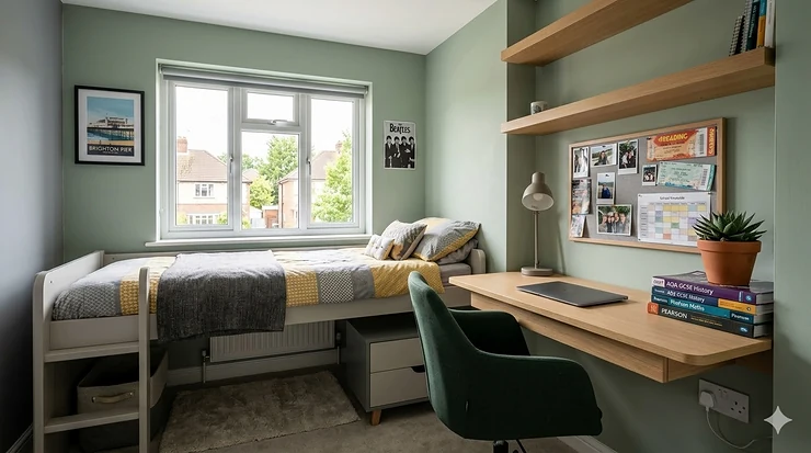 A space-saving built-in timber desk in a small UK teenager’s bedroom with floating shelves and a stylish ergonomic chair. desk for small bedroom teenager
