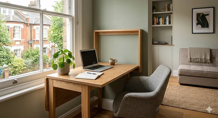 A compact light oak folding desk styled in a small London studio apartment with a laptop and houseplant. desk for small apartment