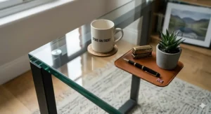 A stylish tempered glass desk styled with British decor, plants, and a desk lamp.