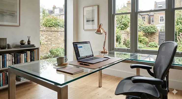 Sleek modern glass top executive desk with a polished chrome frame in a contemporary British office setting. glass top executive desk glass top executive desk